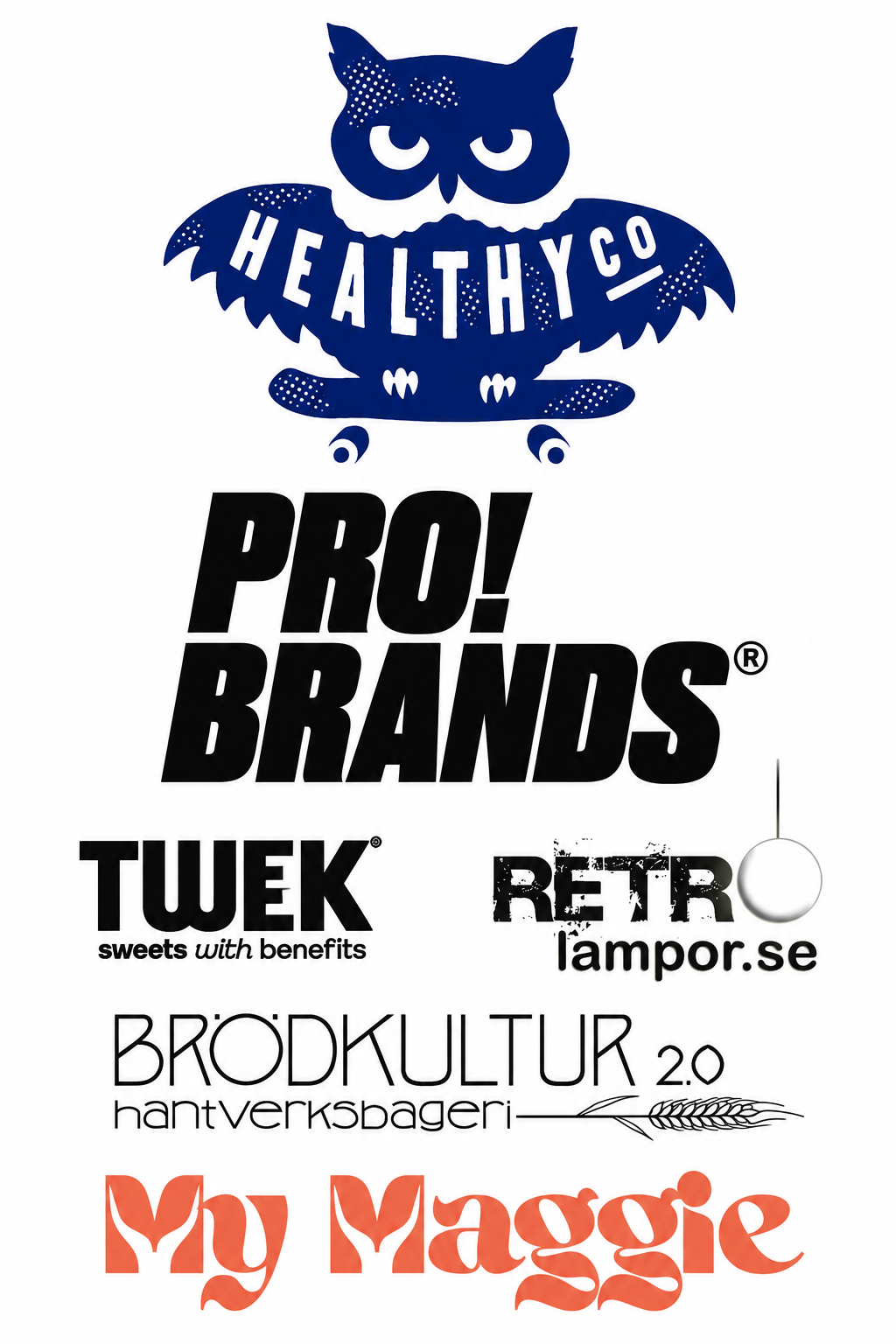 HealthyCo, PRO!BRANDS, TWEEK, retrolampor.se, Brödkultur 2.0 och My Maggie